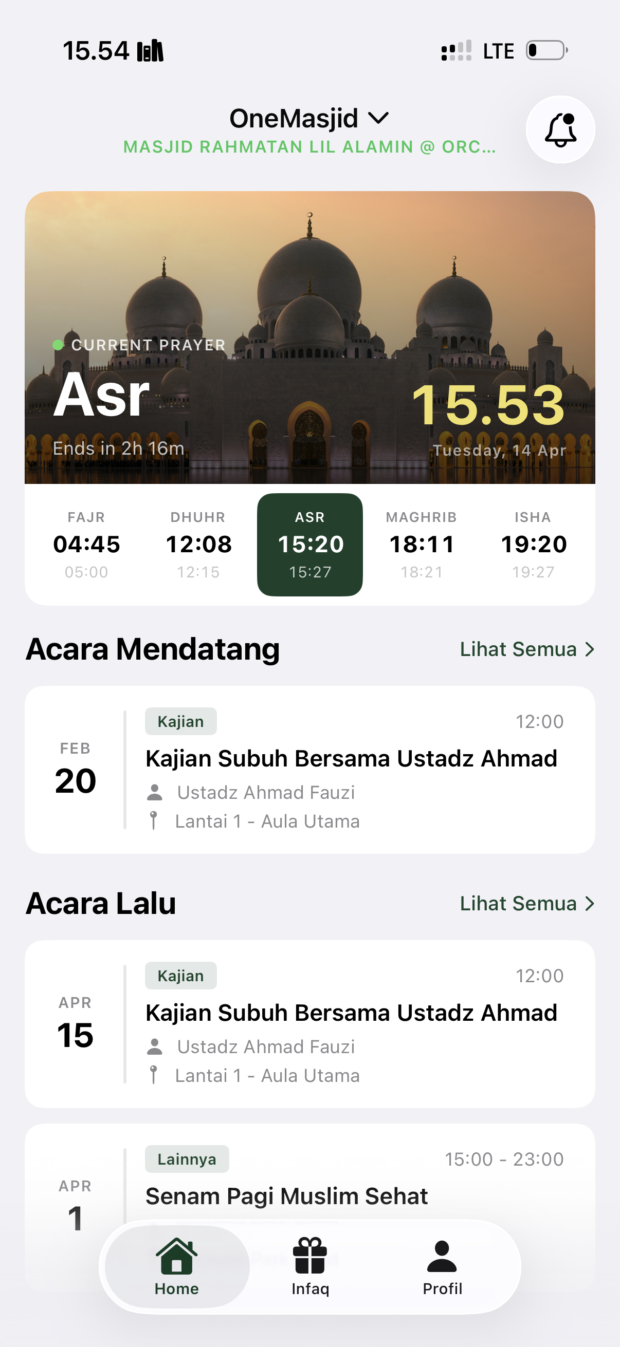 OneMasjid home screen with prayer times